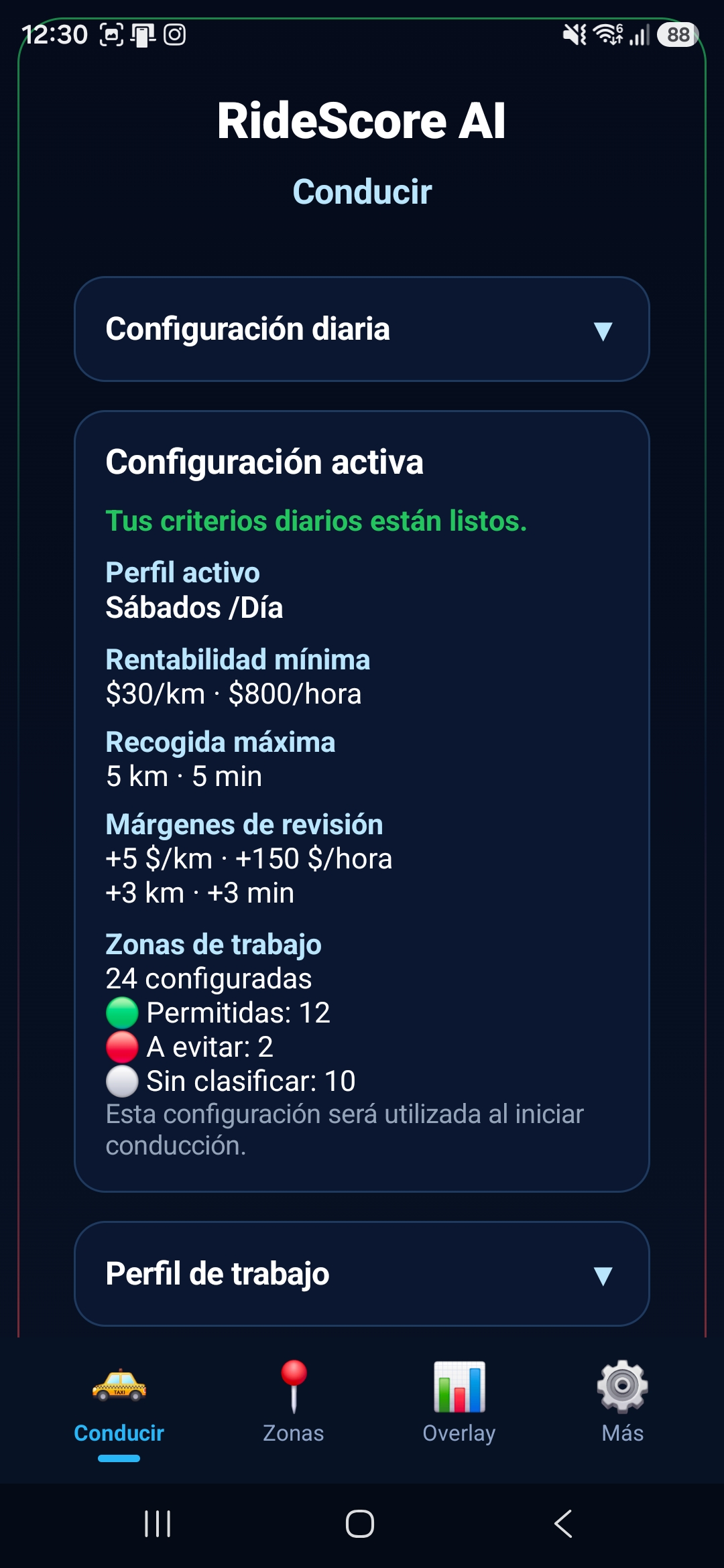 Pantalla Conducir con configuración activa de RideScore AI