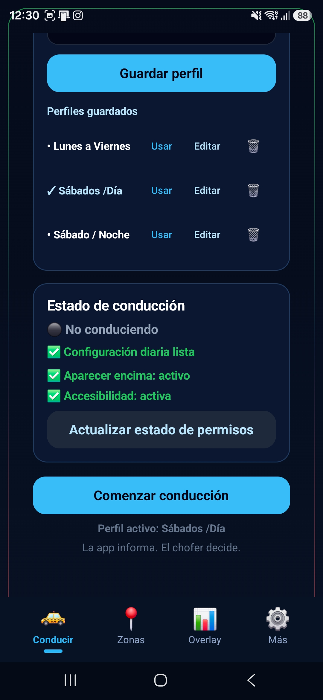Pantalla de estado de conducción y permisos de RideScore AI