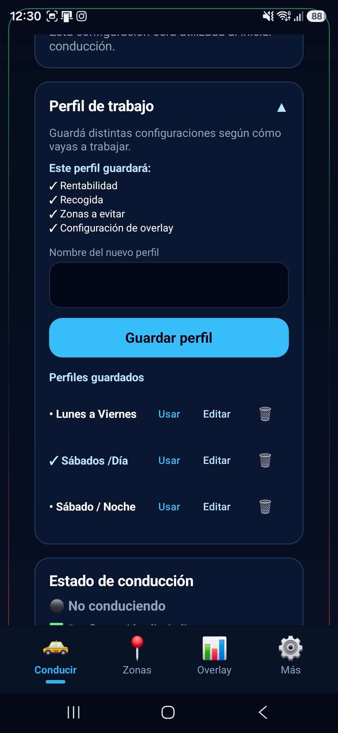 Pantalla de perfiles de trabajo guardados en RideScore AI