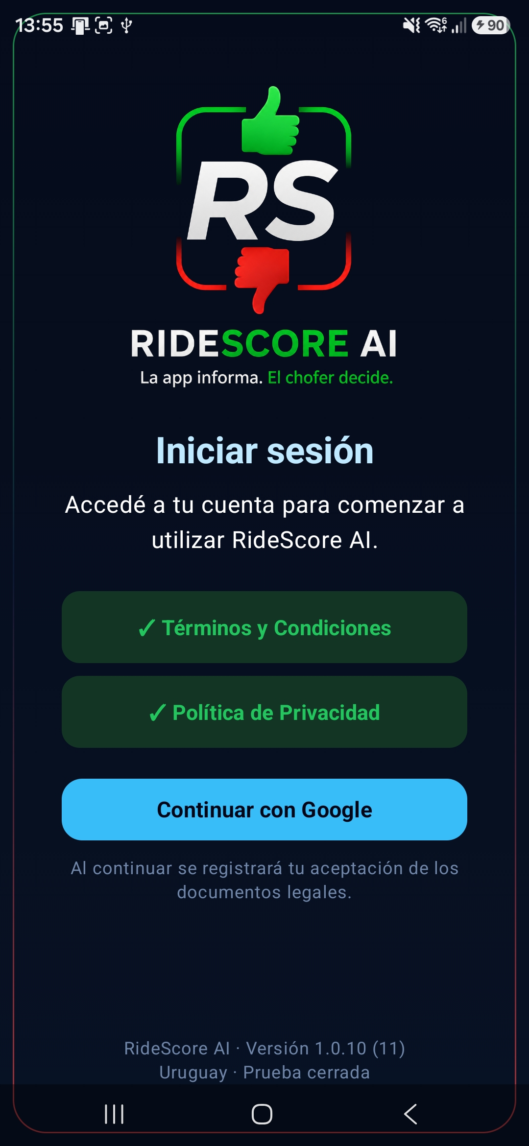 Pantalla de inicio de sesión de RideScore AI