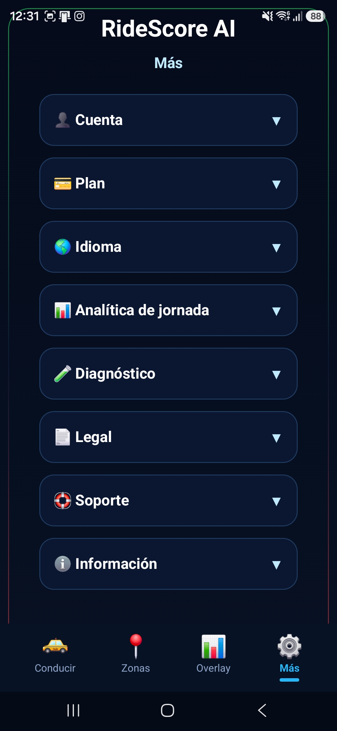 Pantalla Más de RideScore AI con opciones de cuenta, soporte e información
