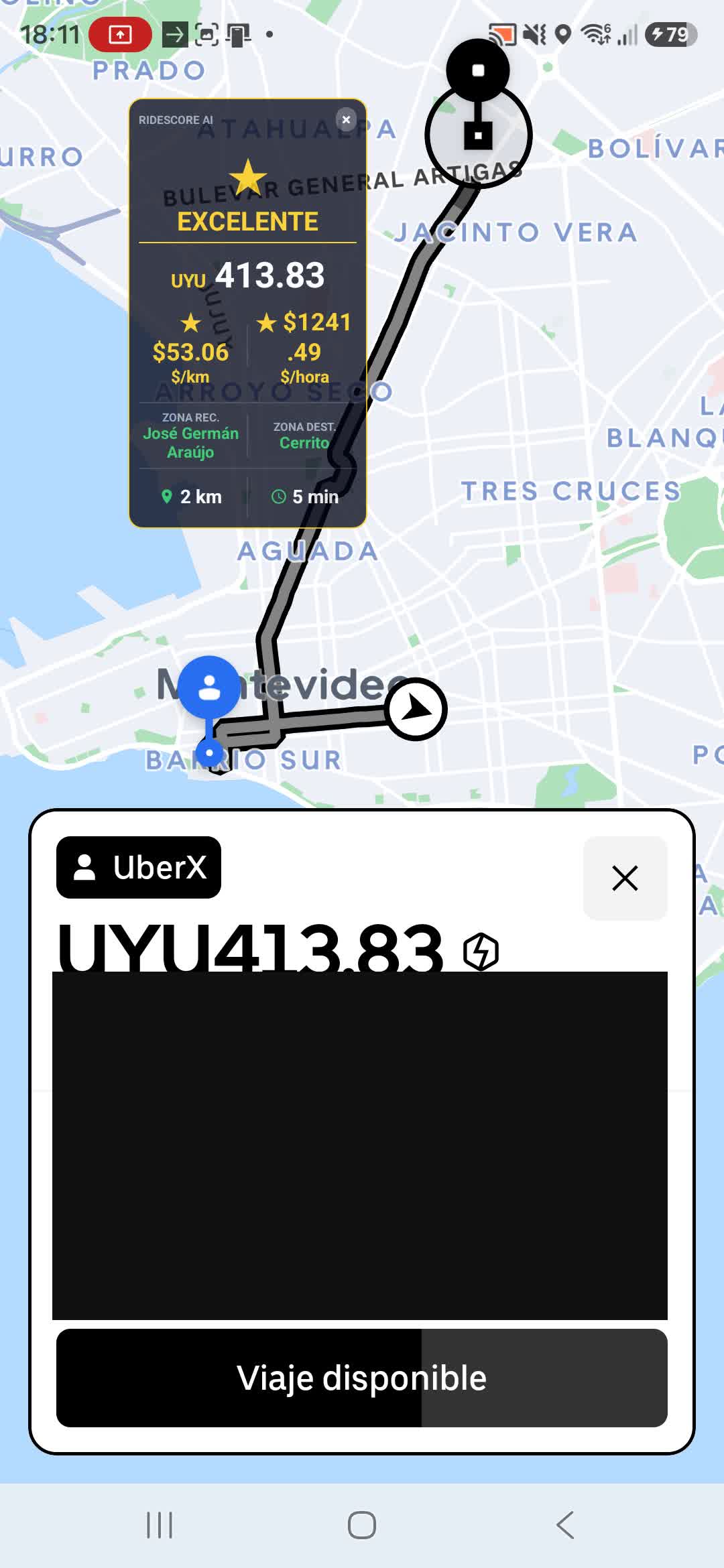 Oferta anonimizada con overlay de RideScore AI mostrando EXCELENTE