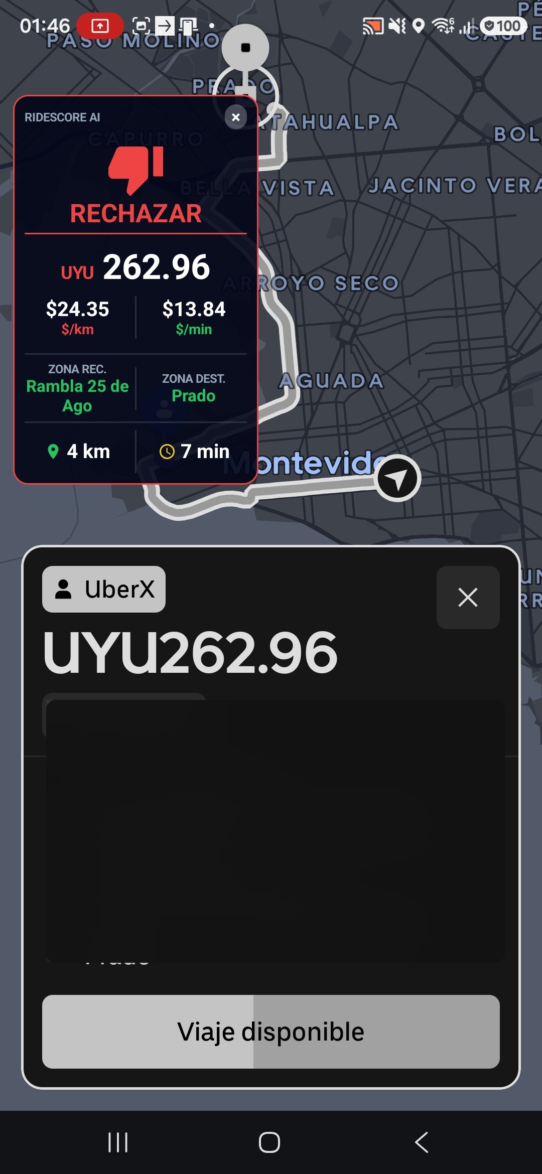 Oferta anonimizada con overlay de RideScore AI mostrando señal NO CONVIENE