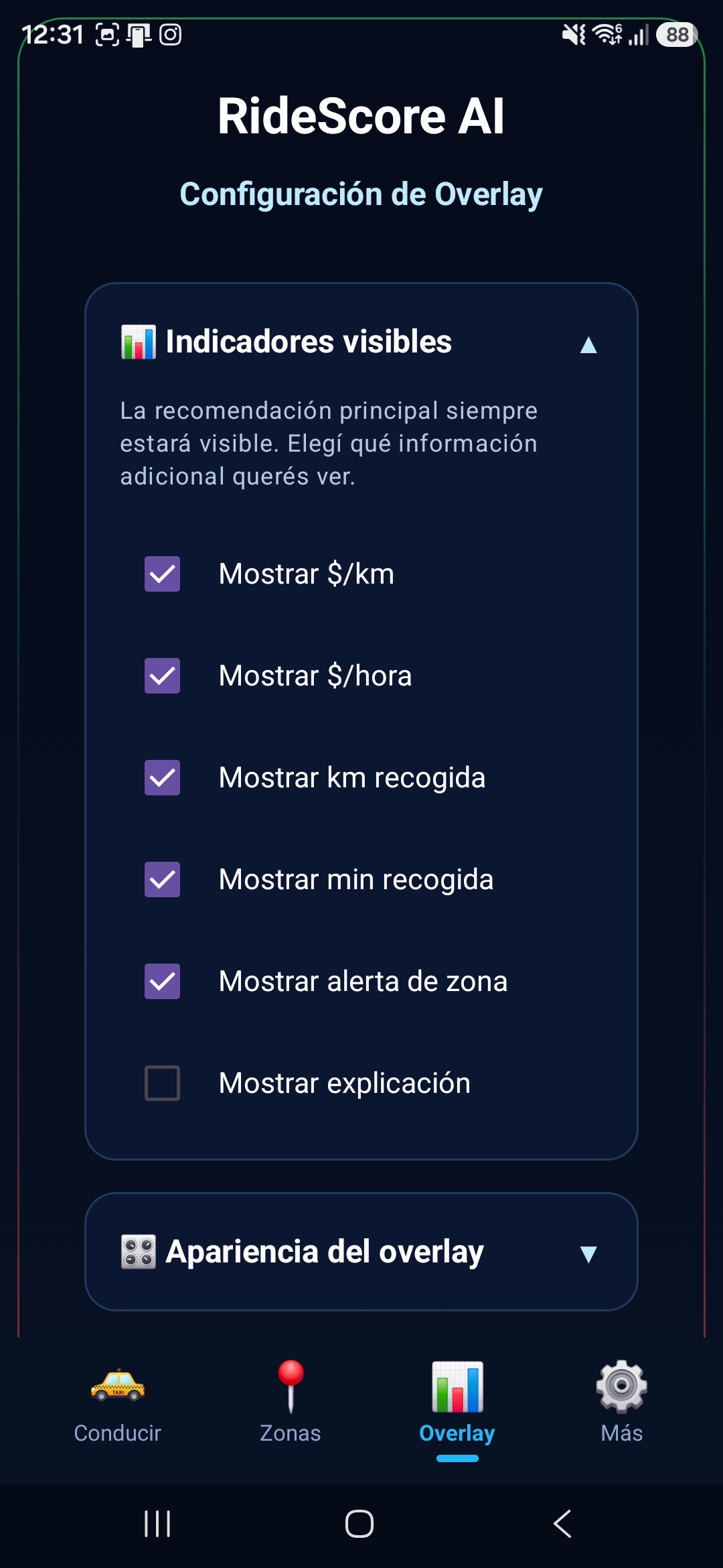 Pantalla para elegir indicadores visibles del overlay de RideScore AI