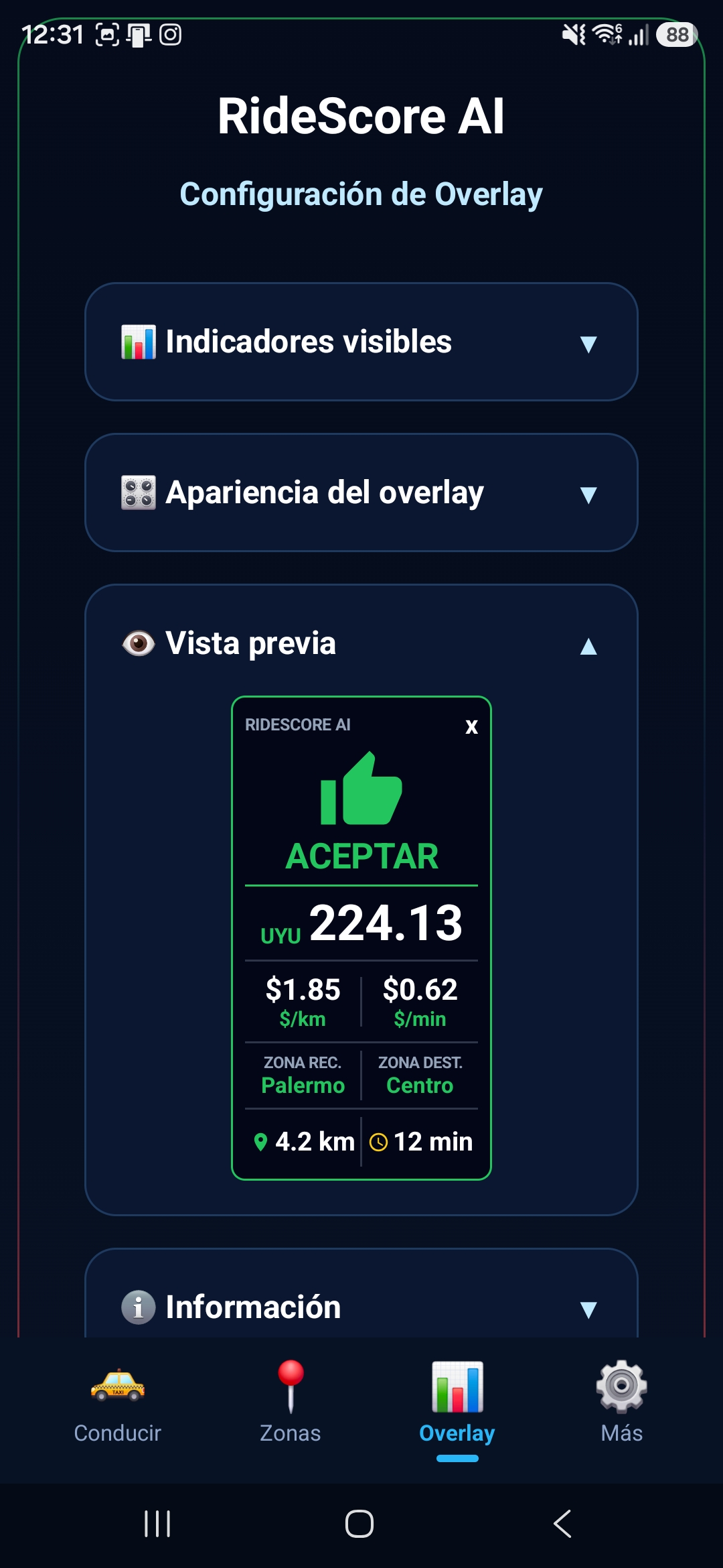 Vista previa del overlay de RideScore AI con señal informativa