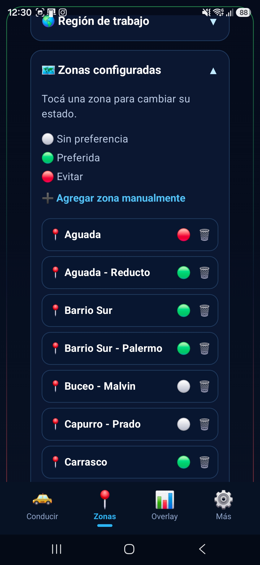 Pantalla de zonas configuradas en RideScore AI