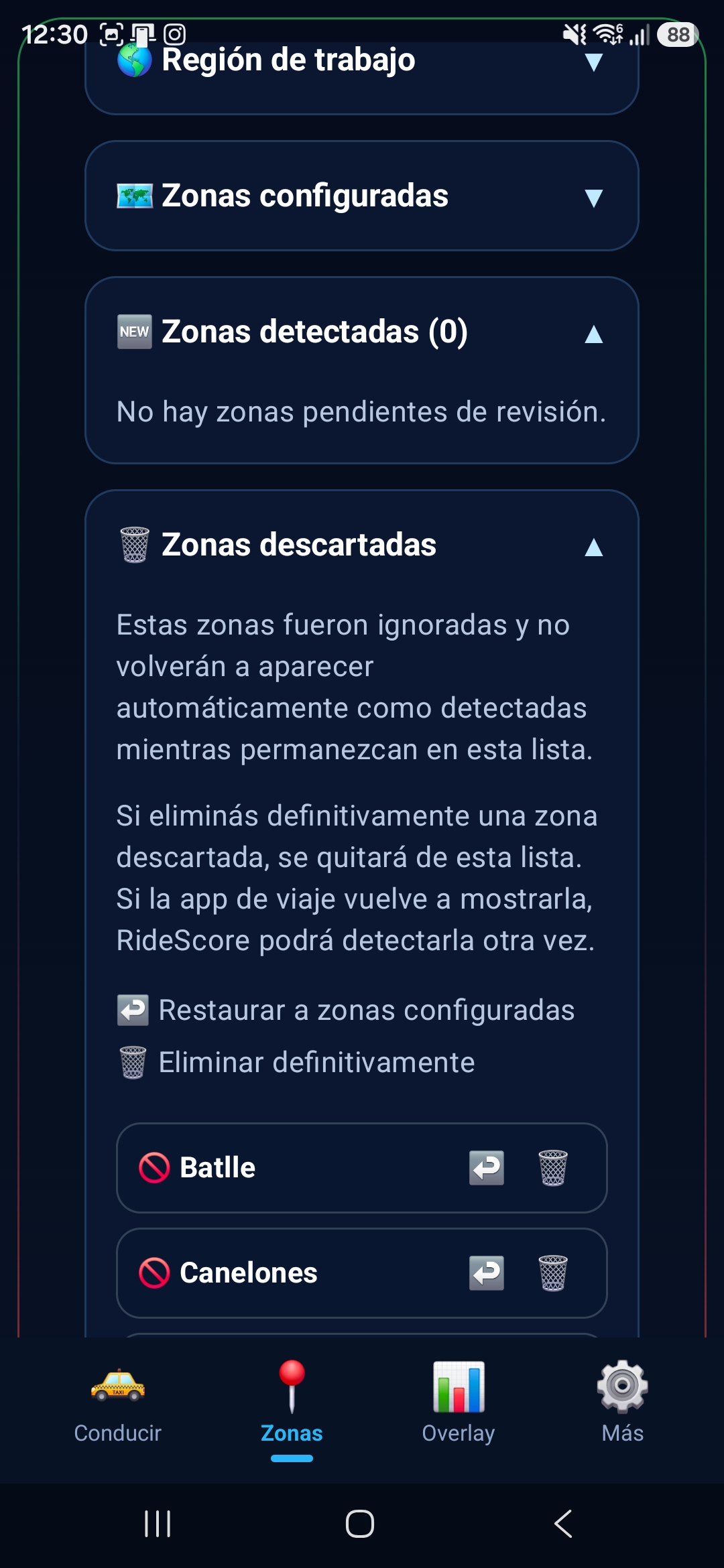 Pantalla de zonas descartadas en RideScore AI