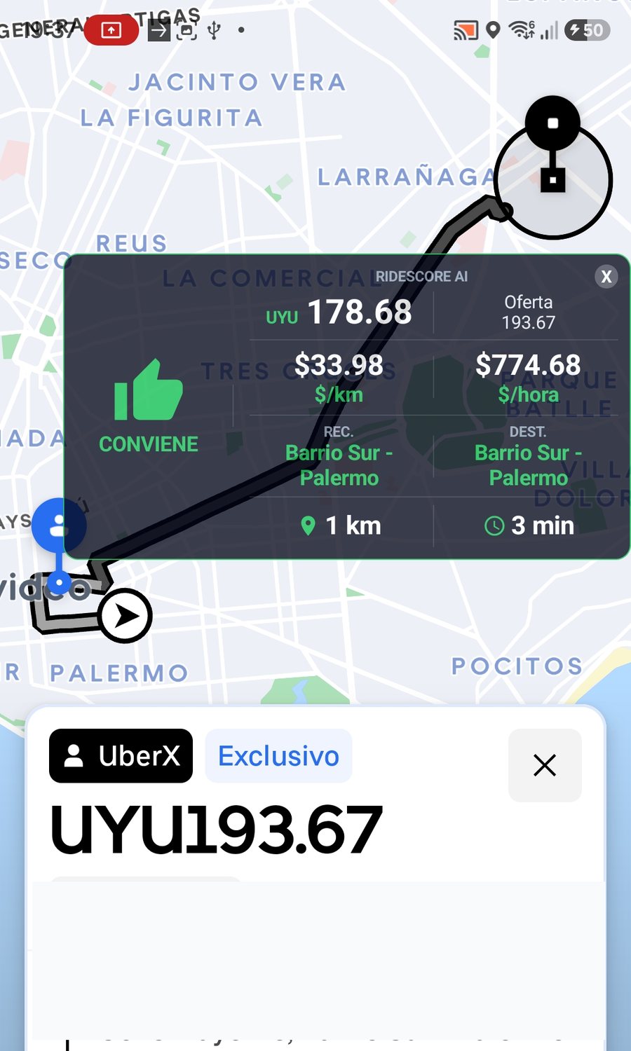 Captura completa y segura del overlay horizontal de RideScore AI sobre una plataforma de viaje compatible