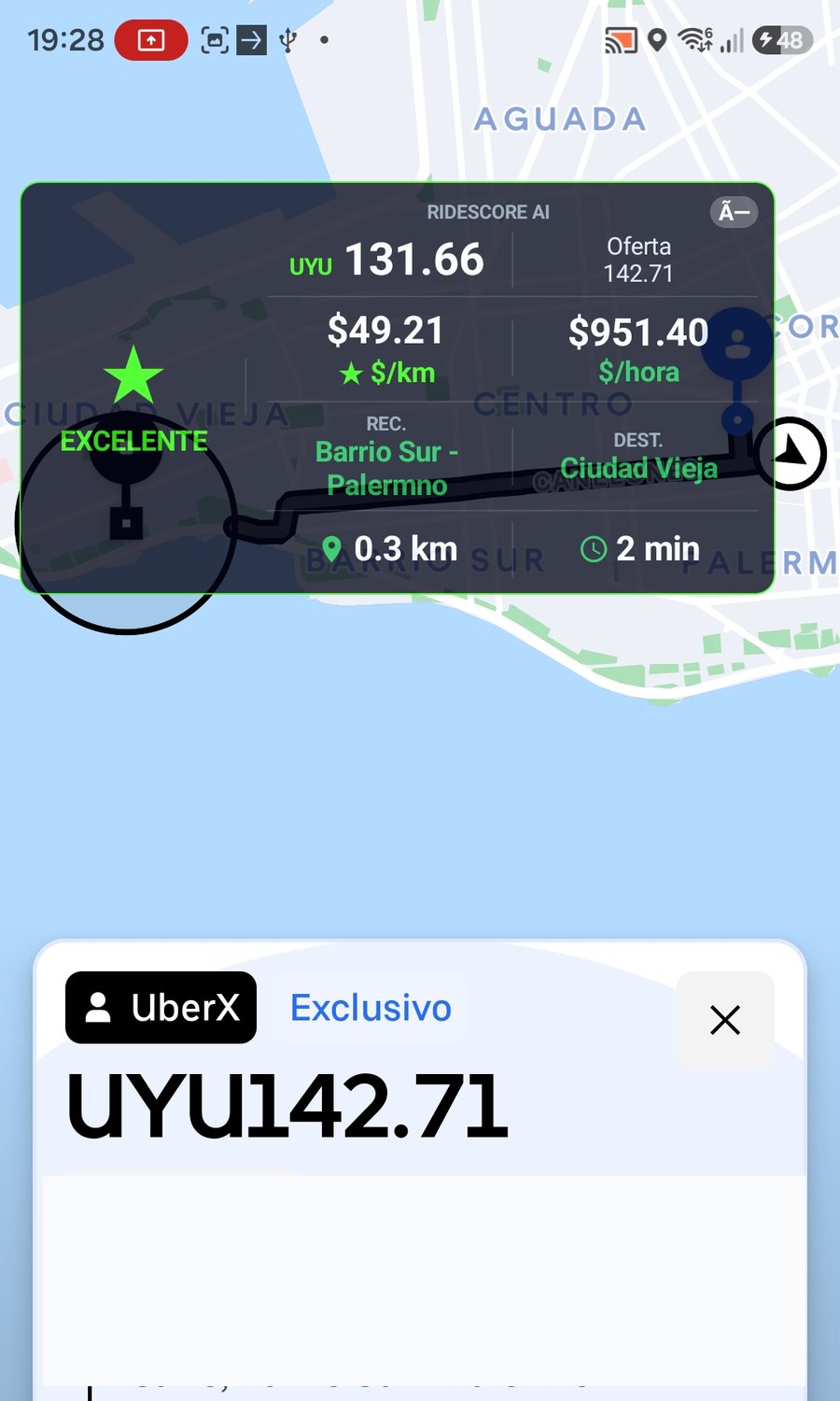 Captura completa y segura del overlay horizontal de RideScore AI mostrando EXCELENTE