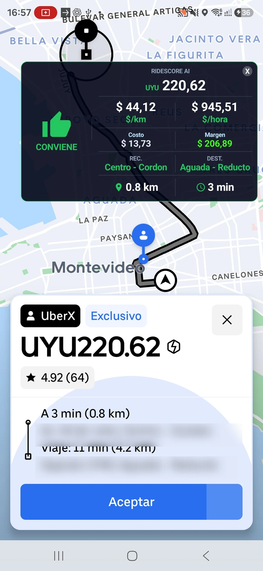 Captura real del overlay actual de RideScore sobre una oferta visible