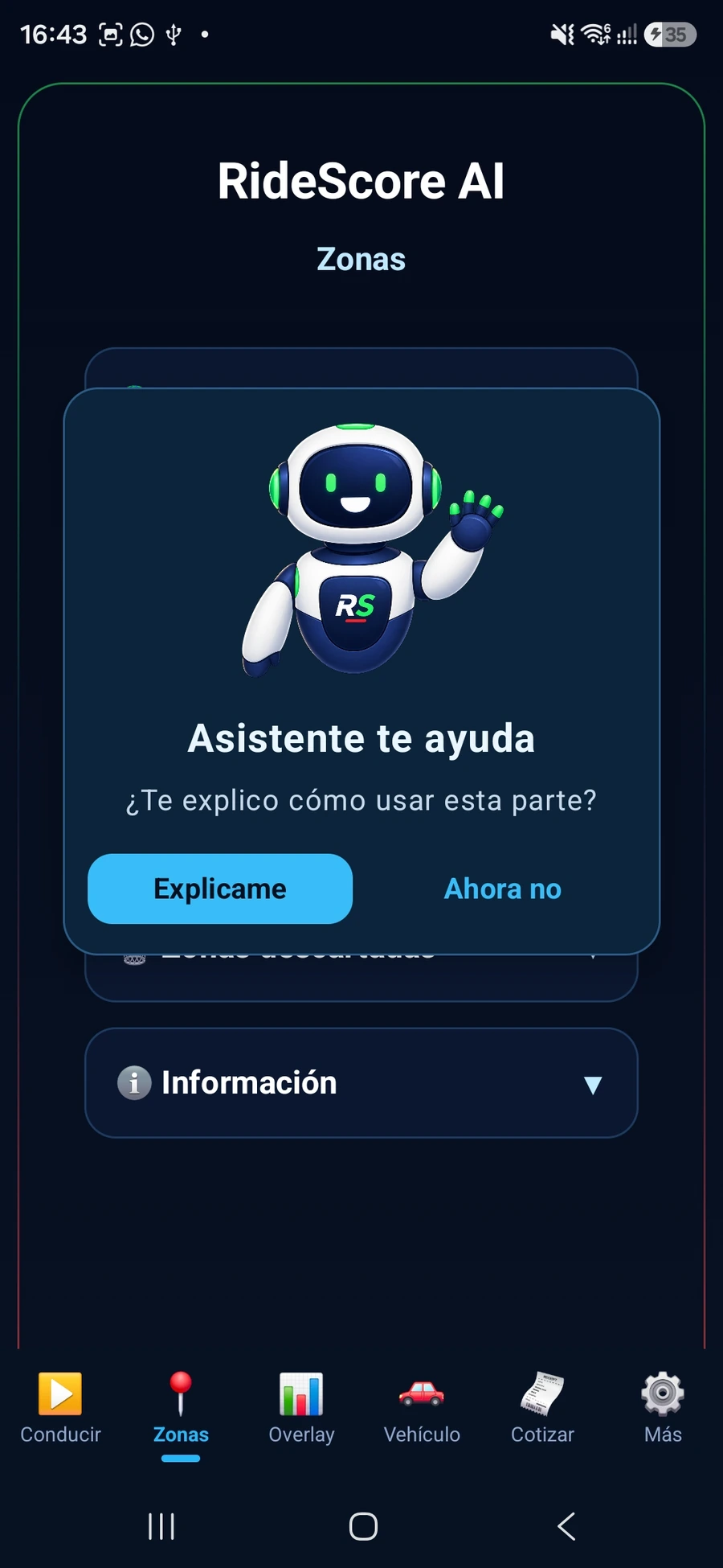 Asistente de RideScore brindando ayuda contextual en la sección de zonas
