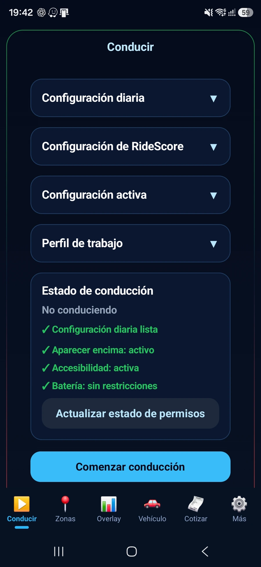 Pantalla Conducir de RideScore con configuración, permisos y estado listos