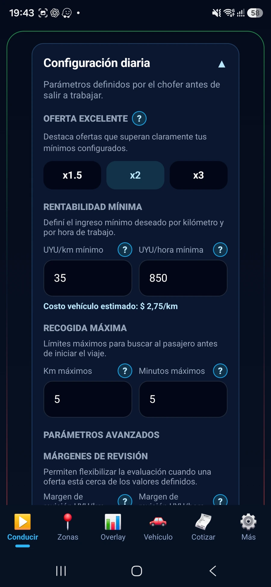 Configuración diaria de RideScore con parámetros definidos por el chofer