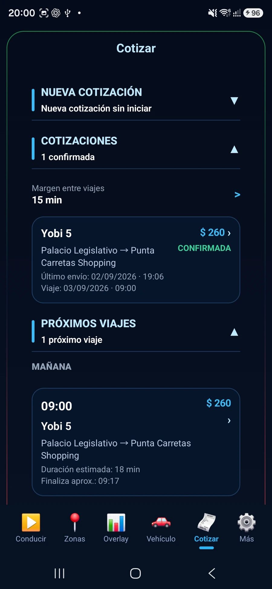 Pantalla Cotizar de RideScore con nueva cotización, cotizaciones y próximos viajes