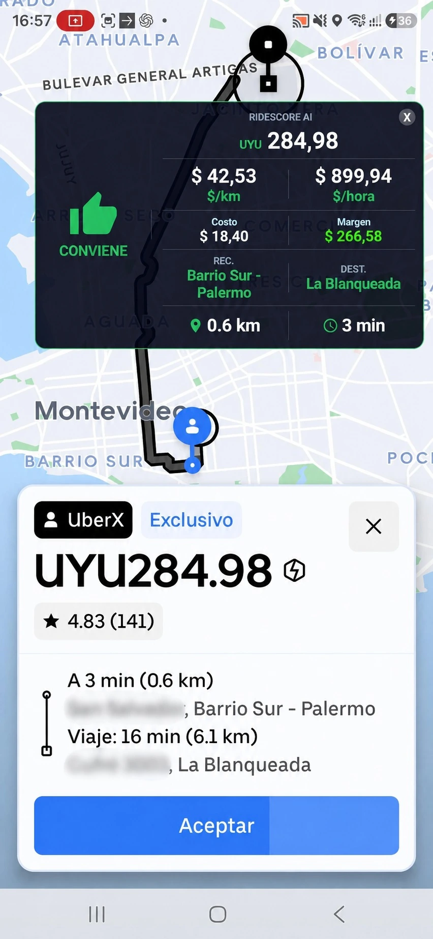 Oferta real con overlay de RideScore mostrando señal, costo, margen e indicadores