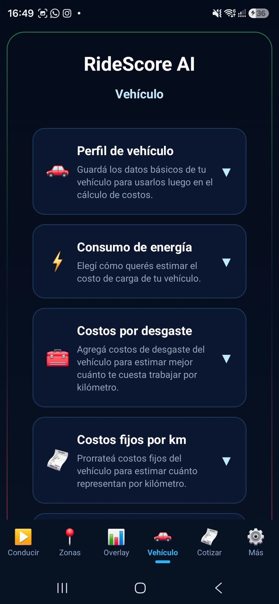 Pantalla real de configuración del vehículo en RideScore