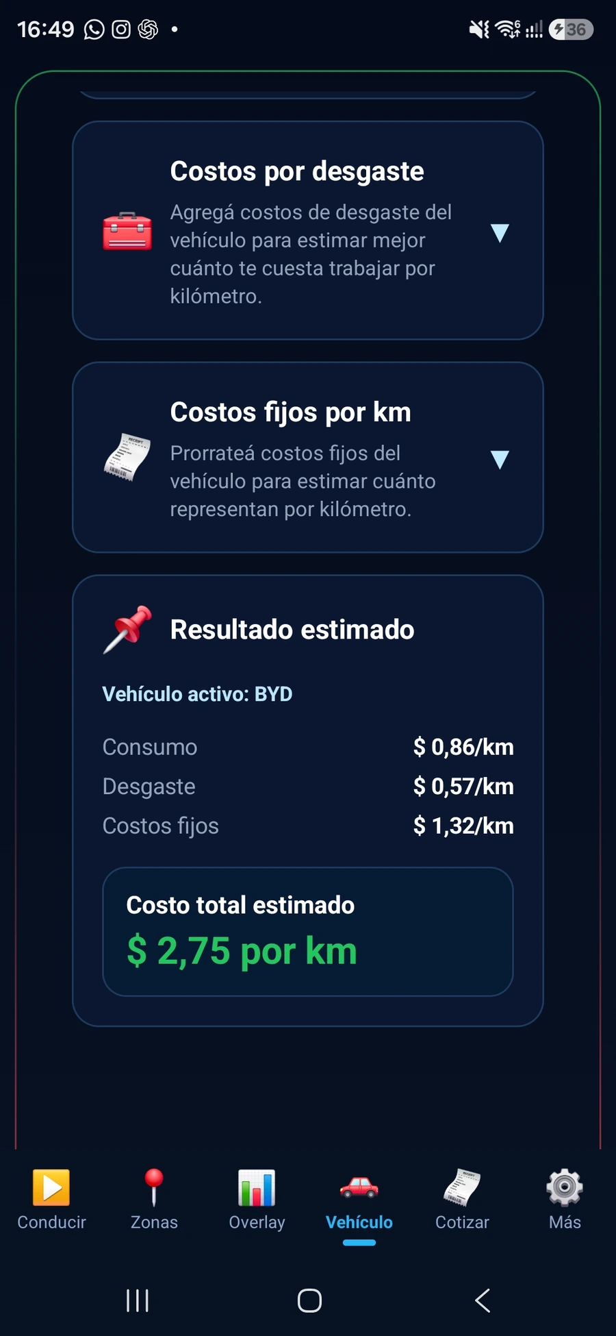 Pantalla real de configuración del vehículo en RideScore