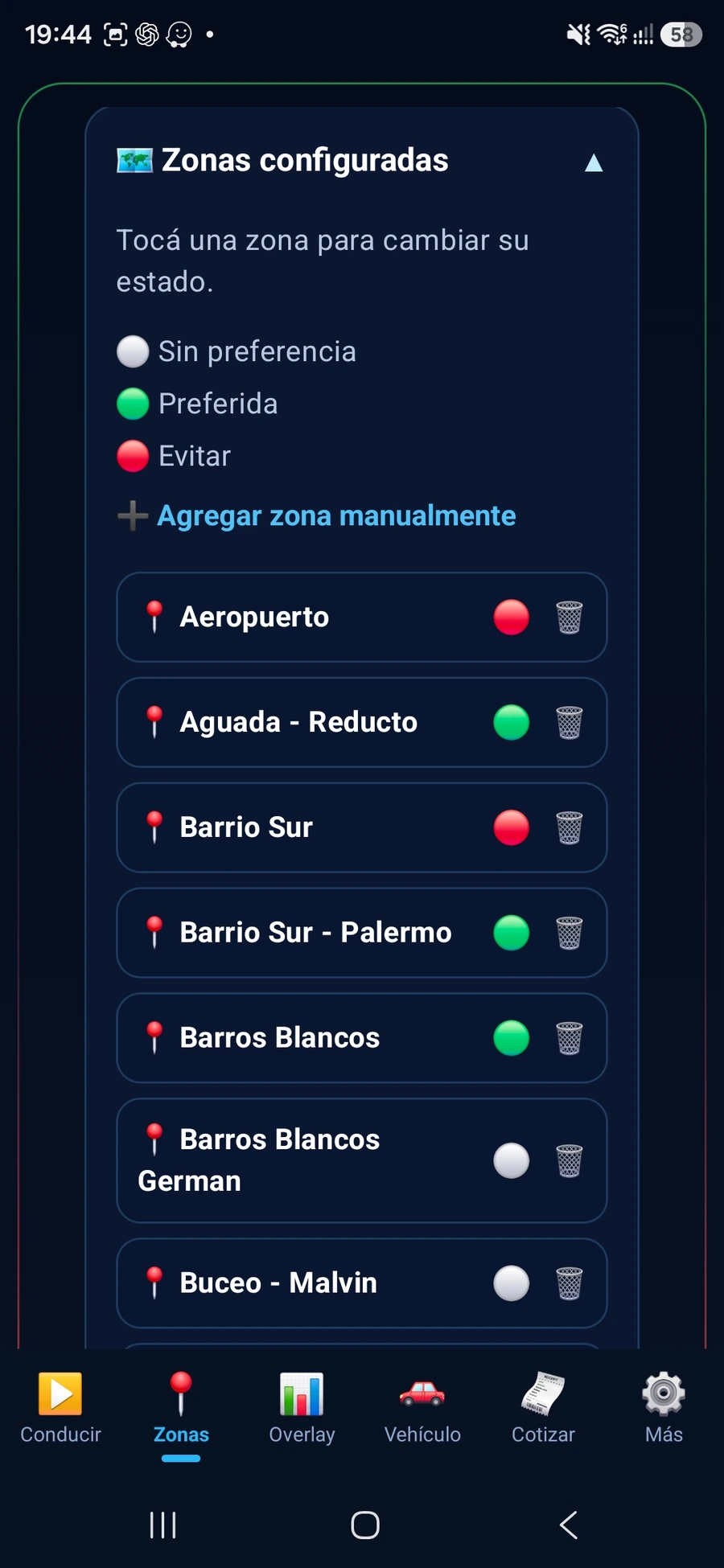 Zonas configuradas en RideScore con estados de preferencia