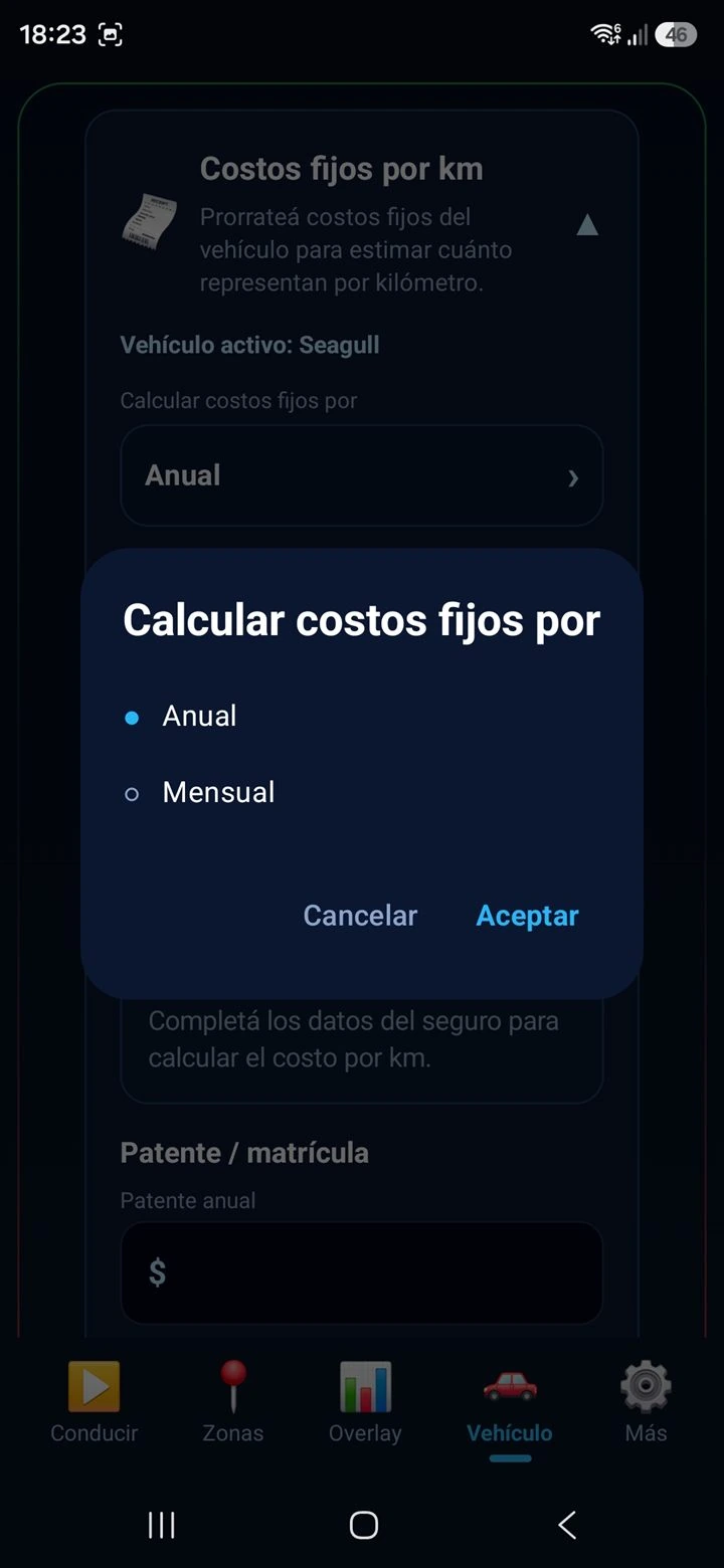 Pantalla Vehículo - costos fijos por km 2